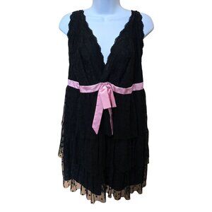 Cacique Intimates Womens Black Lace & Mesh Babydoll With Pink Satin Ribbon Size